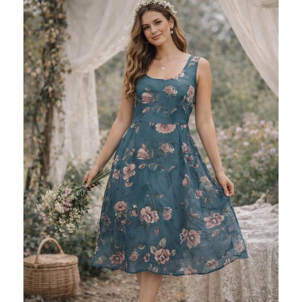 DBY Vintage Y2K Teal Floral Midi Dress Fairy Cottagecore Coquette Sleeveless 11